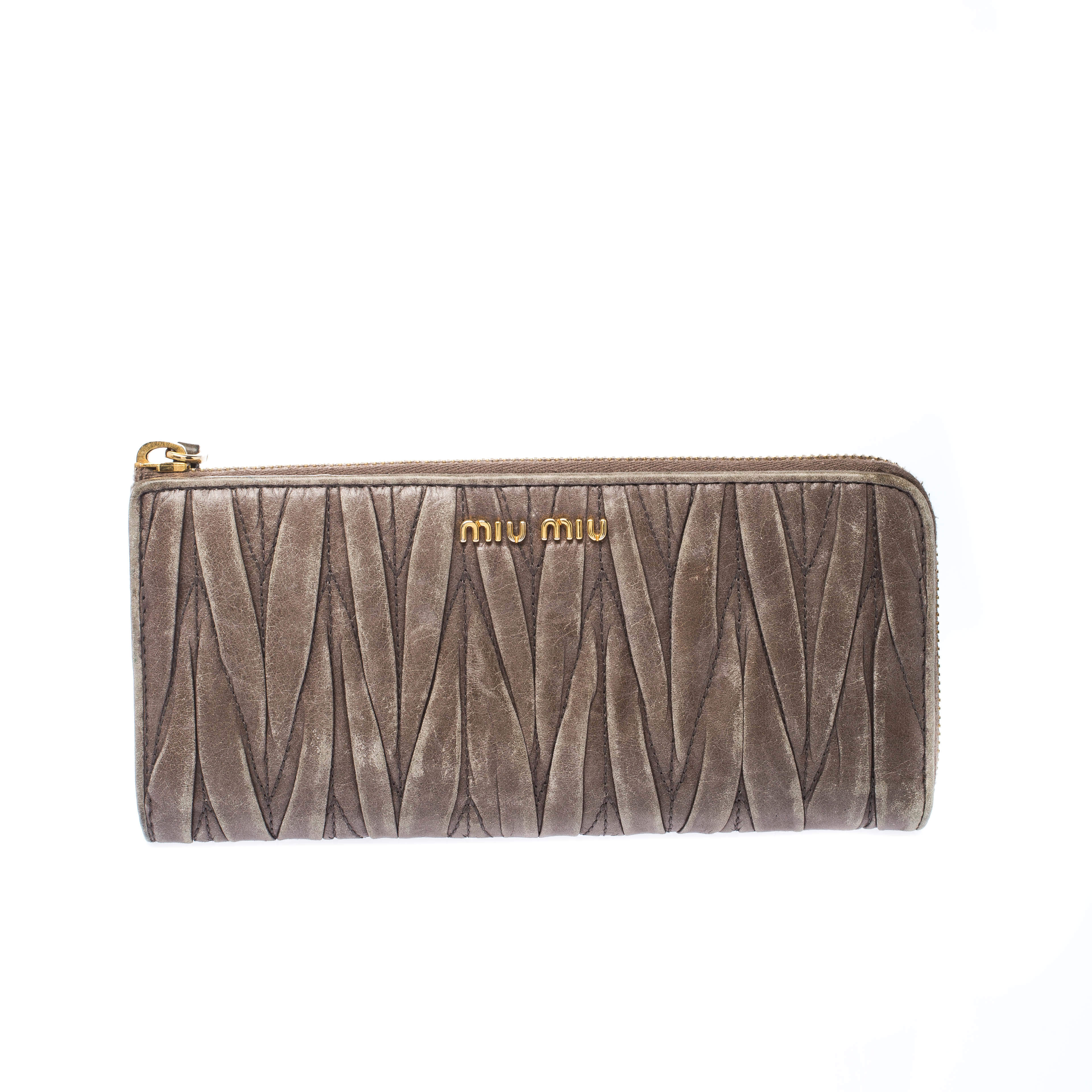 Miu Miu Dark Beige Matelassé Leather Continental Zip Wallet