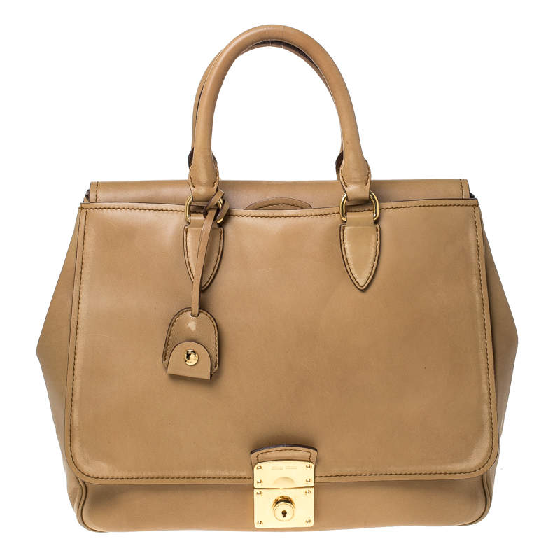 Pre Owned Miu Miu Tan Leather Flap Pocket Tote