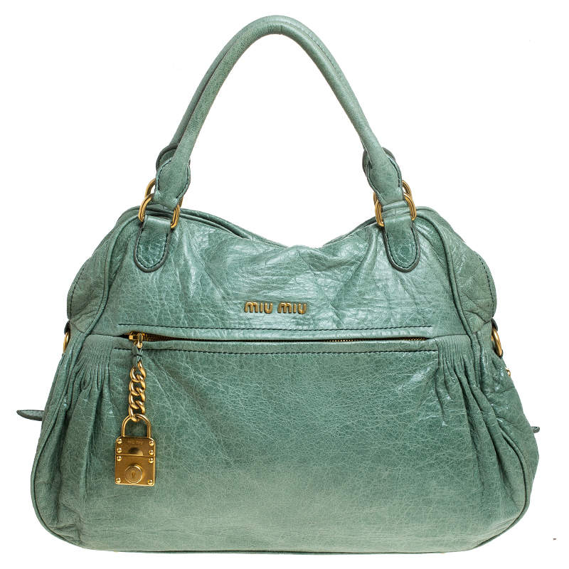 Pre Owned Miu Miu Mint Green Leather Lily Distressed Satchel