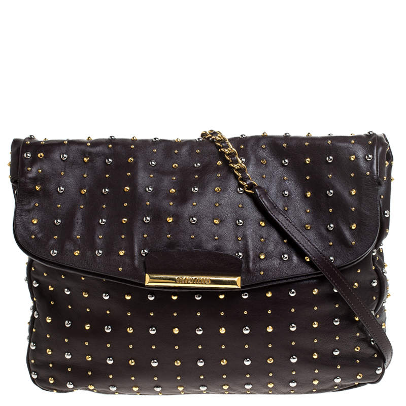 Pre Owned Miu Miu Brown Studded Leather Flap Chain Shoulder Bag