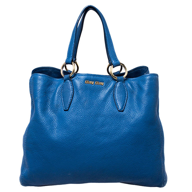 Pre Owned Miu Miu Blue Pebbled Leather Caribou Shopper Tote 