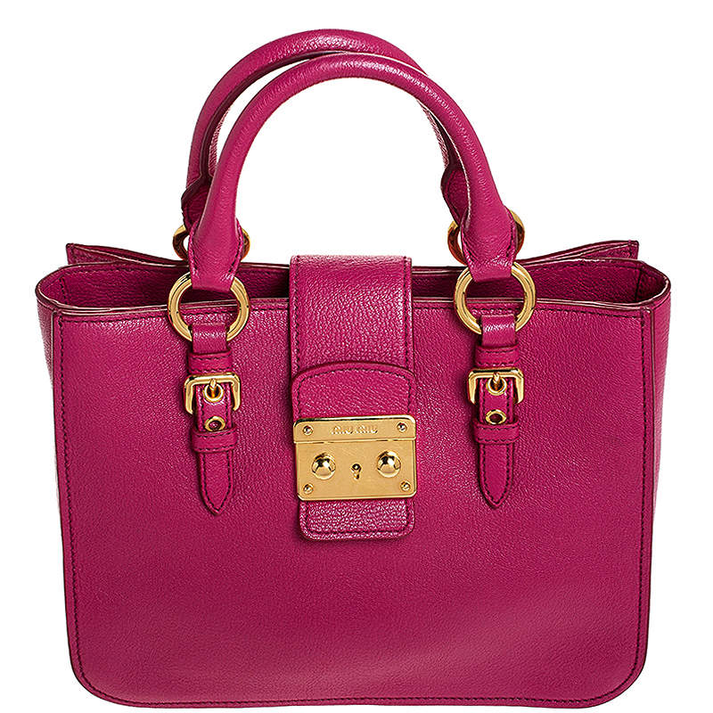 Pre Owned Miu Miu Fuschia Leather Medium Madras Tote
