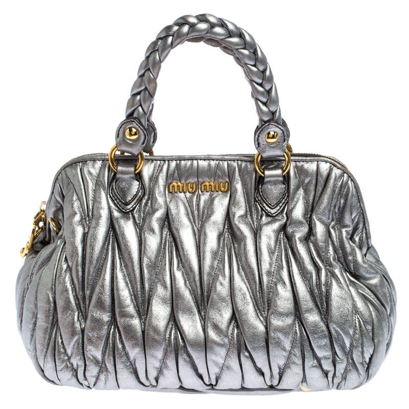 Pre Owned Miu Miu Silver Matelasse Leather Small Satchel