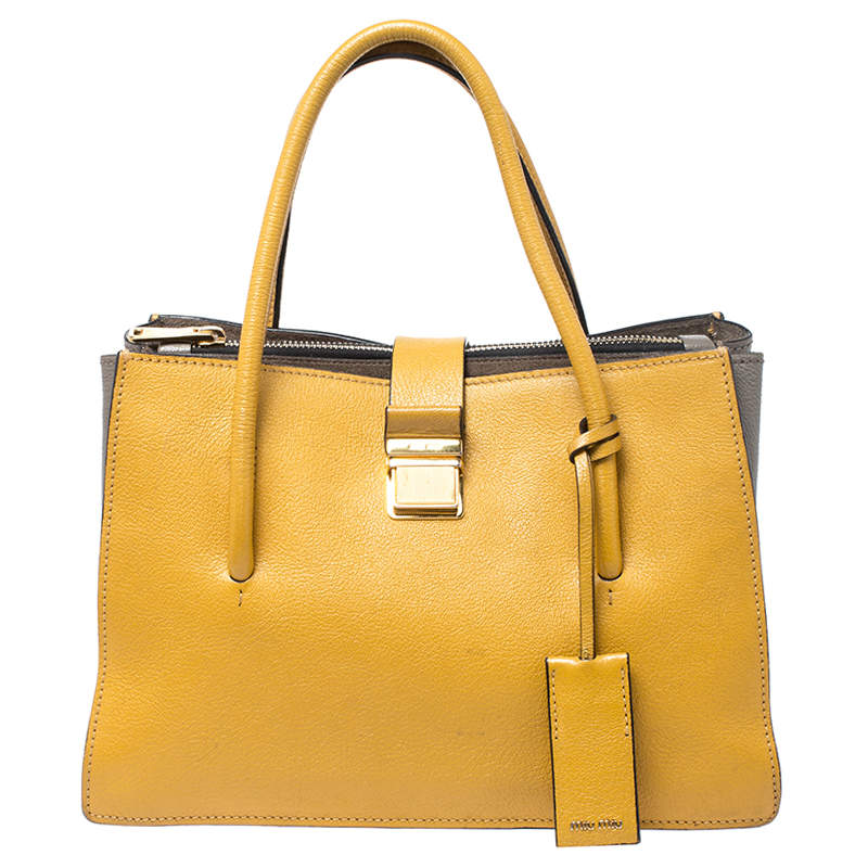 Miu Miu Mustard Madras Leather Push Lock Tote Miu Miu | TLC