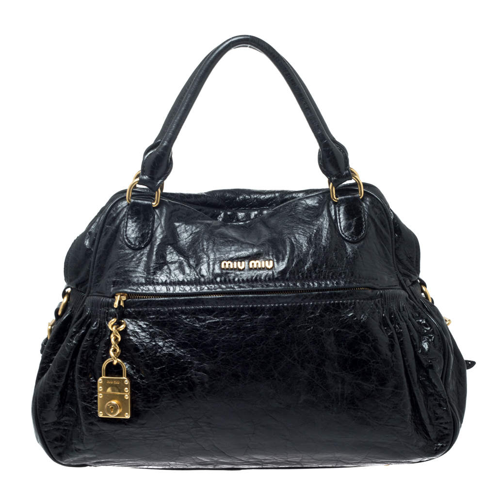 Miu Miu Black Leather Lily Distressed Satchel