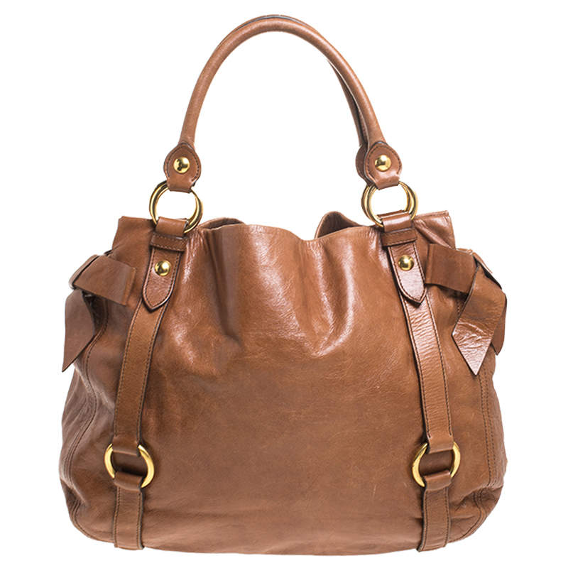 Pre Owned Miu Miu Brown Leather Bow Tote
