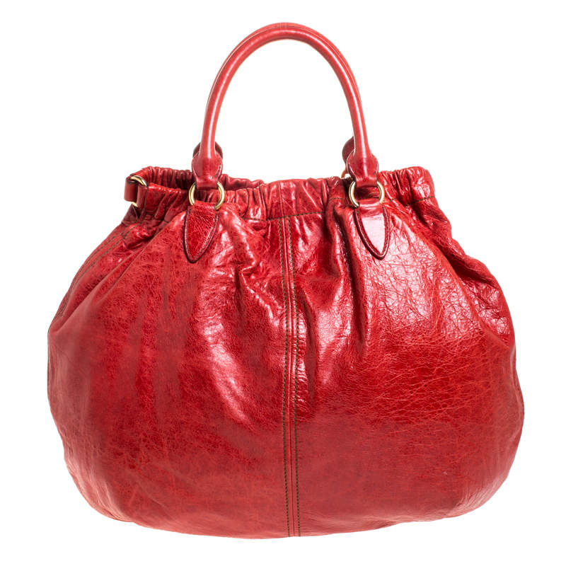 Miu Miu Red Leather Gathered Hobo
