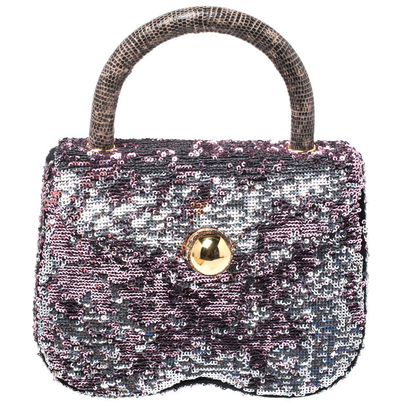 Miu Miu Pink/Silver Sequins and Lizard Round Metal Flap Top Handle Bag
