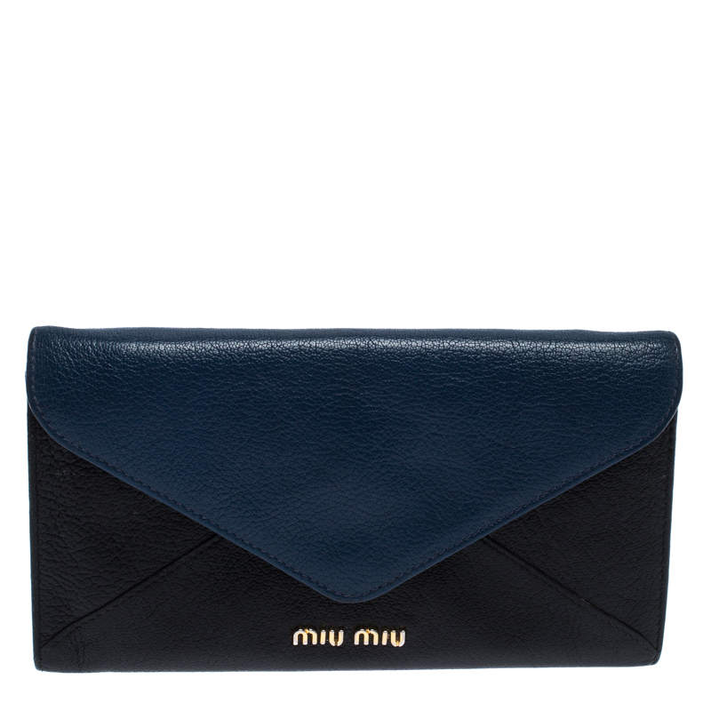 Pre Owned Miu Miu Black/Blue Leather Envelope Flap Wallet