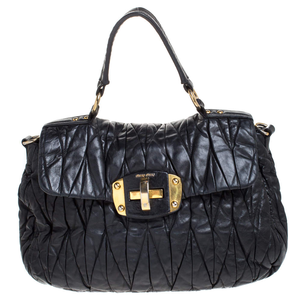 Pre Owned Miu Miu Black Matelasse Leather Bauletto Top Handle Bag