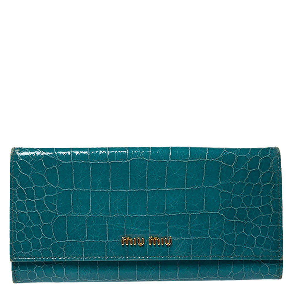 Miu Miu Turquoise Croc Embossed Patent Leather Flap Continental Wallet