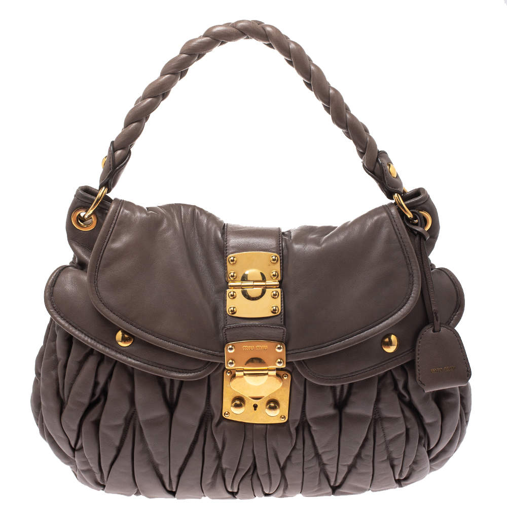 Miu Miu Taupe Matelasse Leather Coffer Hobo