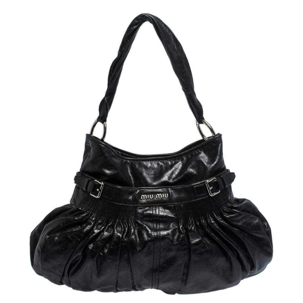 Pre Owned Miu Miu Black Pleated Leather Buckle Hobo