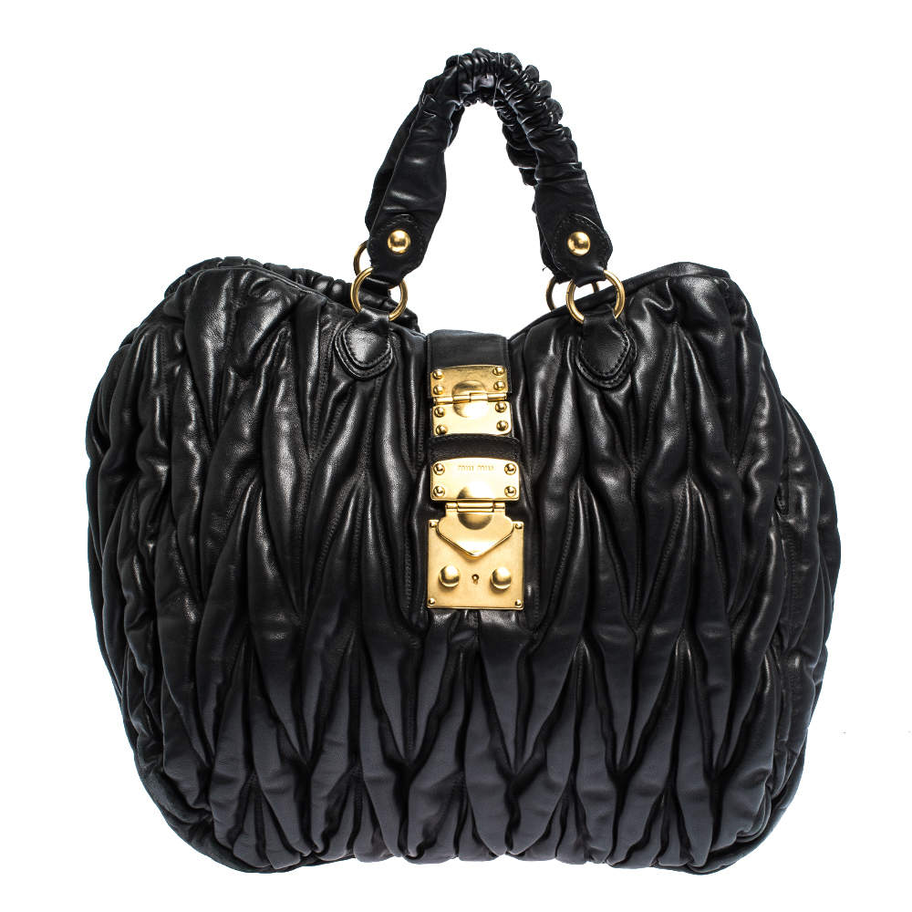 Pre Owned Miu Miu Black Matelasse Leather Hobo