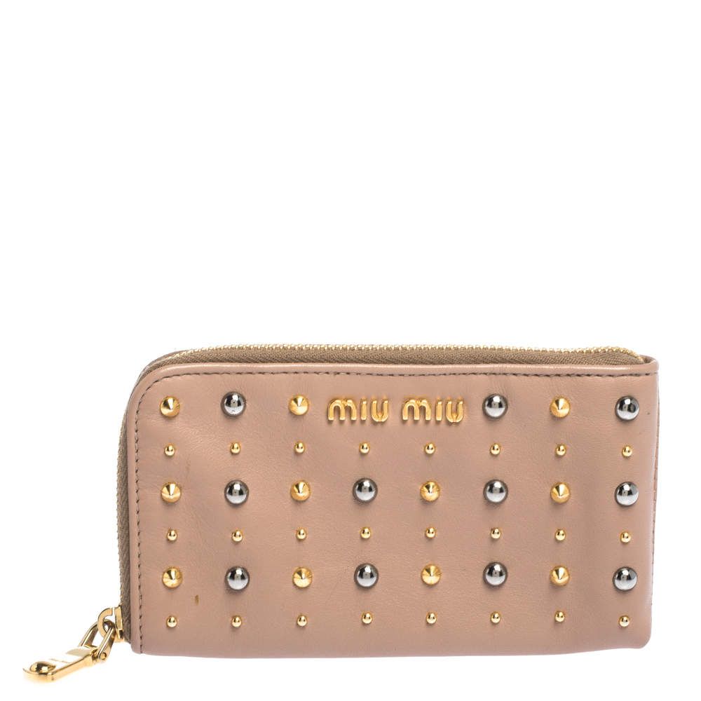 Miu Miu Beige Leather Studded Zip Wallet