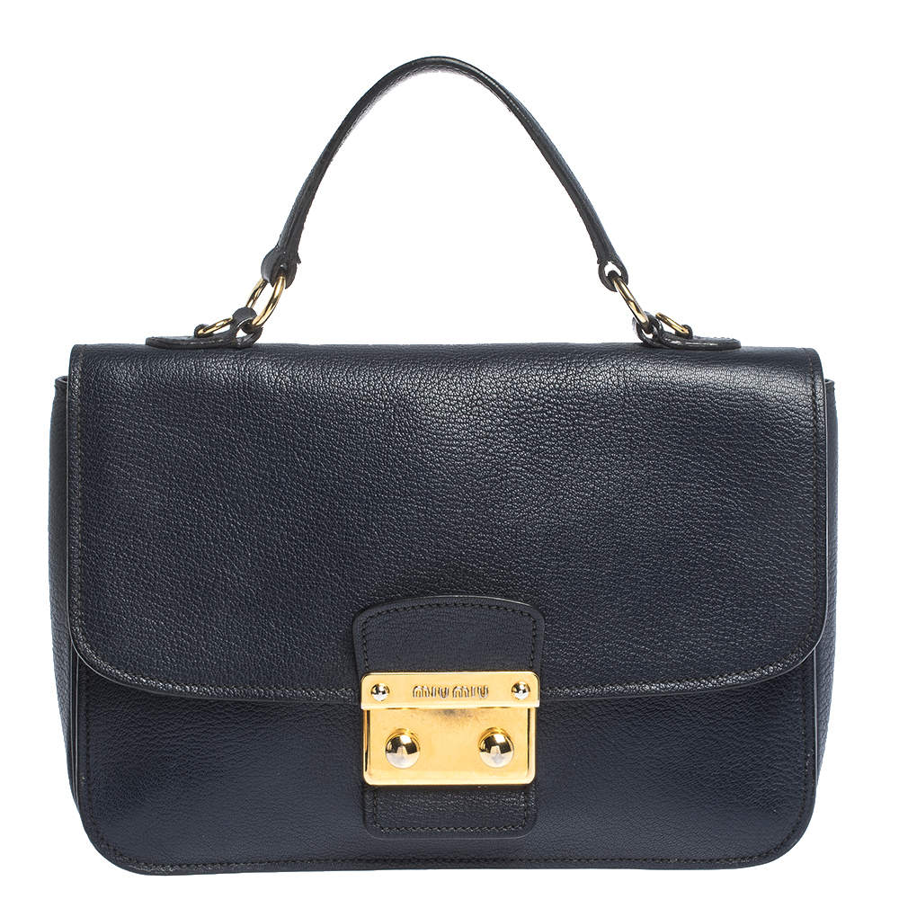 Pre Owned Miu Miu Dark Blue Madras Leather Push Lock Flap Top Handle Bag
