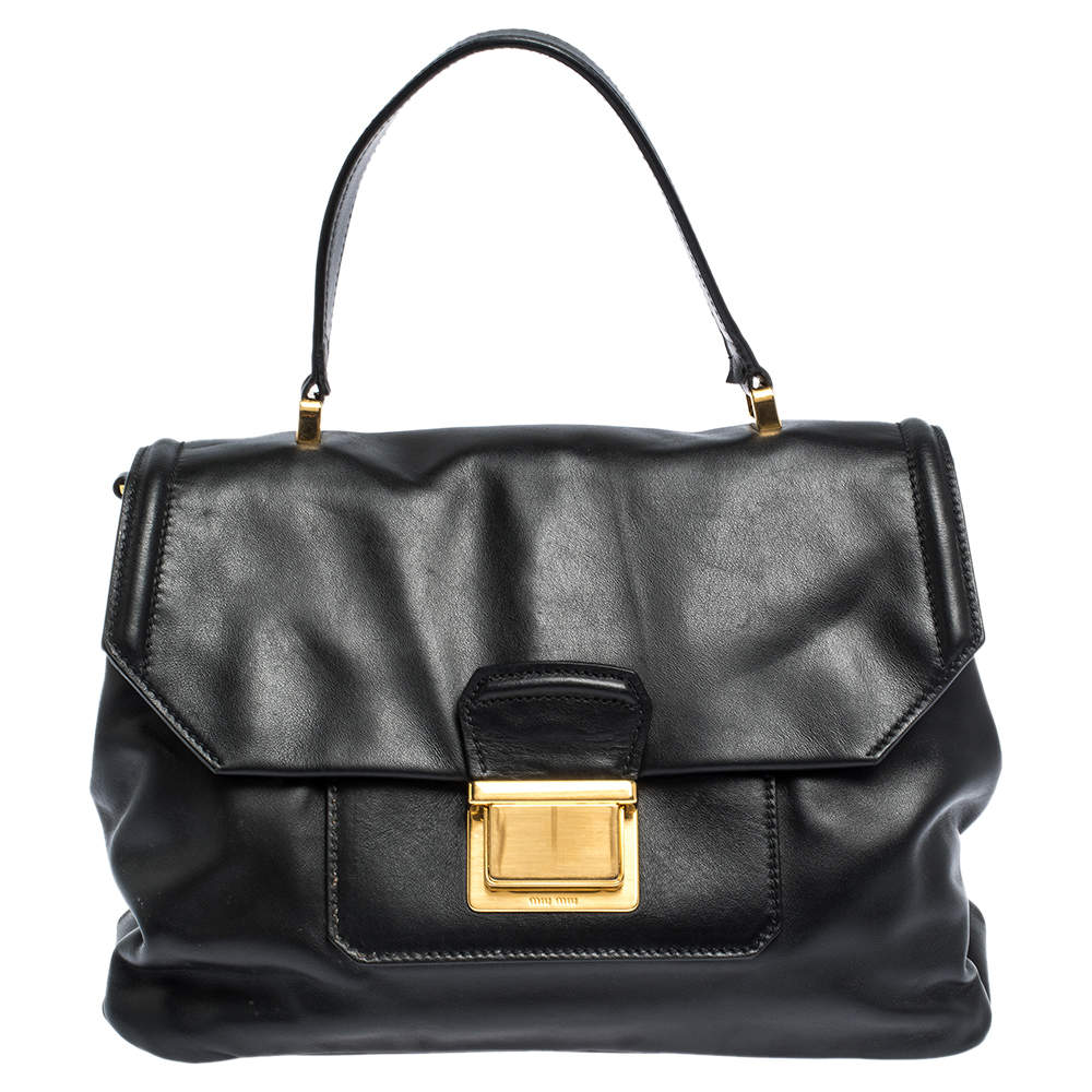 Miu Miu Black Soft Leather Push Lock Top Handle Bag