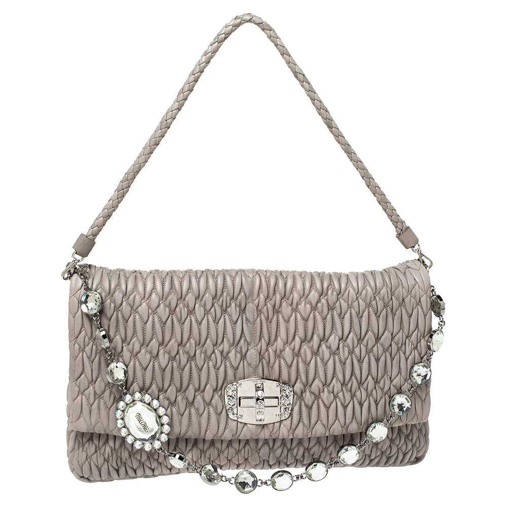 Miu Miu Two Tone Grey Matelassé Leather Crystal Flap Shoulder Bag