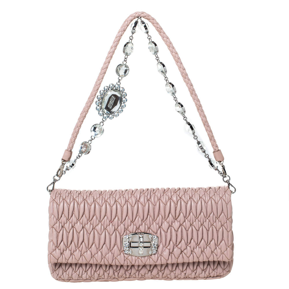 Pre Owned Miu Miu Pink Matelassé Leather Crystal Flap Shoulder Bag