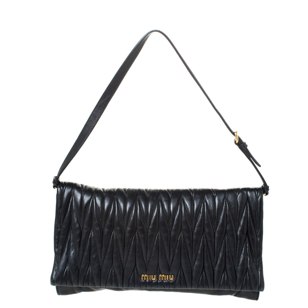 Pre Owned Miu Miu Black Matelasse Leather Flap Shoulder Bag