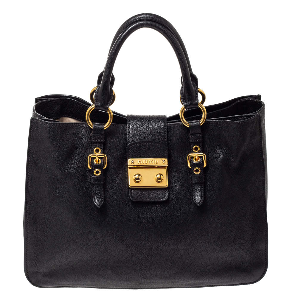 مملوكة مسبقًا Miu Miu Black Leather Large Madras Tote 