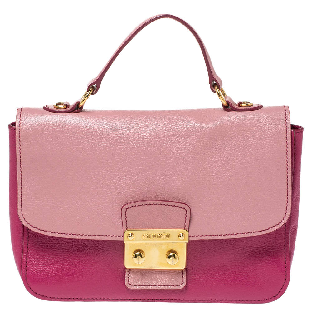 Miu Miu Two Tone Pink Madras Leather Push Lock Flap Top Handle Bag