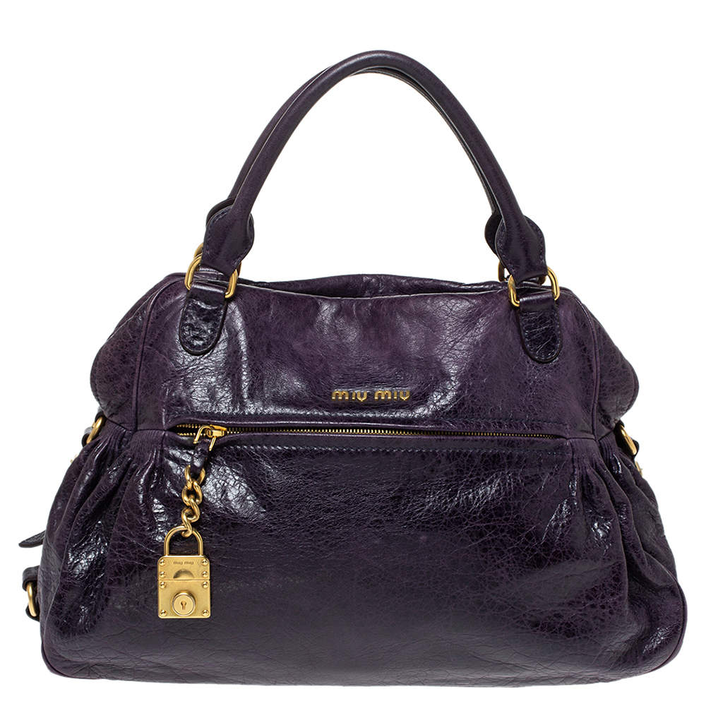 Miu Miu Plum Distressed Leather Charm Satchel