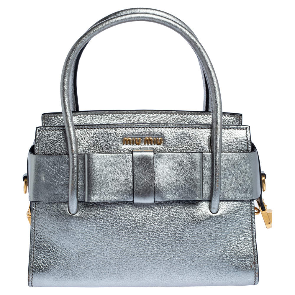 Miu Miu Metallic Silver Leather Mini Bow Satchel