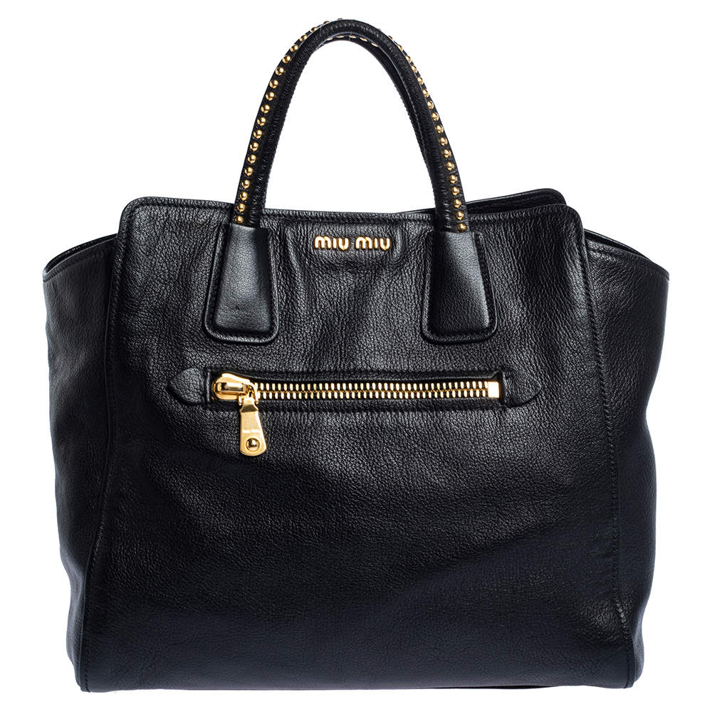 Miu Miu Black Madras Leather Studded Handle Tote