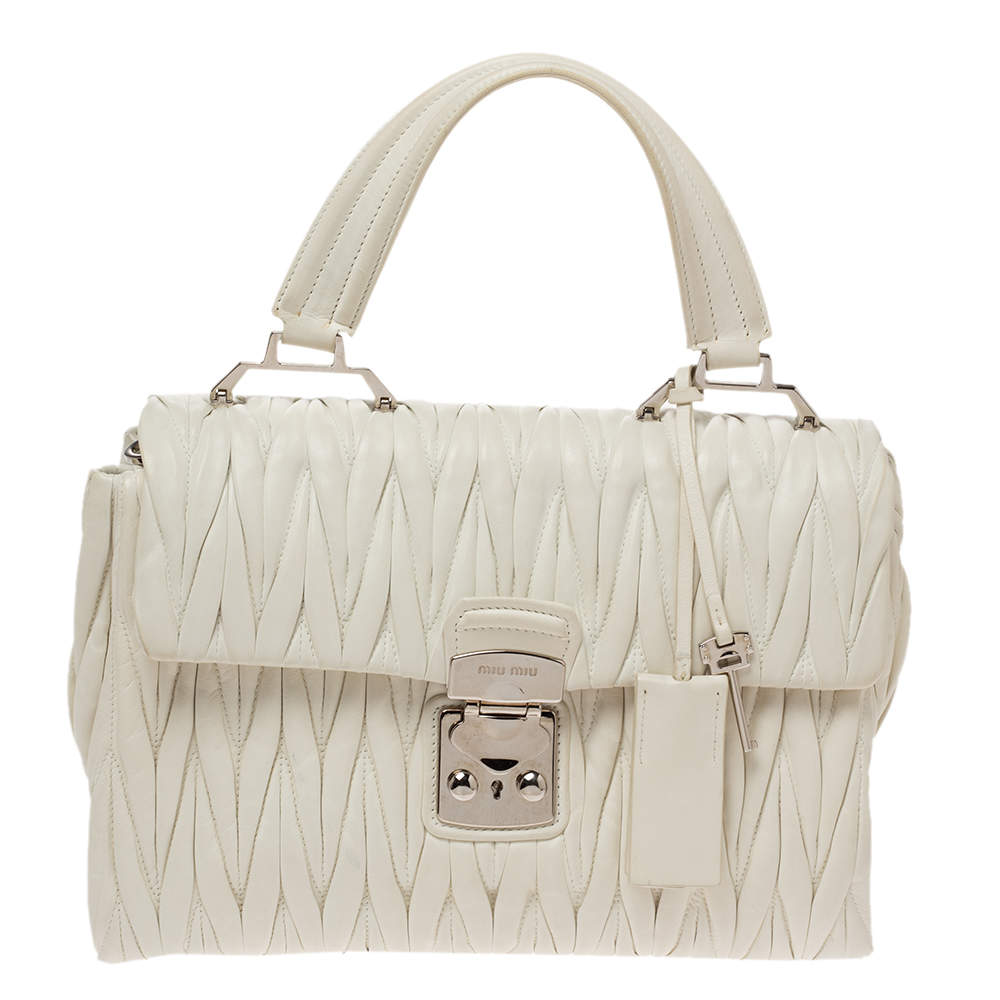 Pre Owned Miu Miu White Matelassé Leather Flap Top Handle Bag