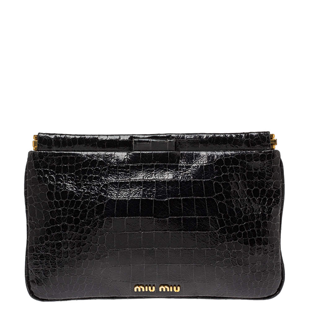 Pre Owned Miu Miu Black Croc Embossed Patent Leather Frame Clutch