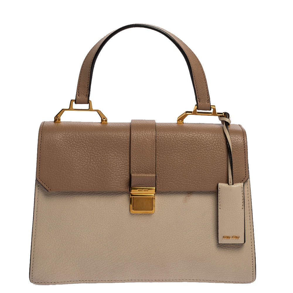 Pre Owned Miu Miu Two Tone Beige Leather Madras Top Handle Bag