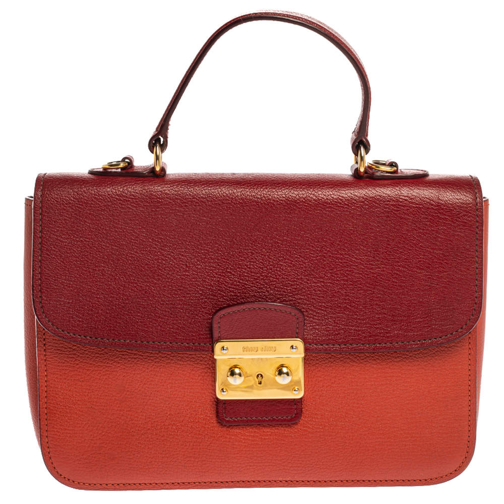 Pre Owned Miu Miu Orange/Red Madras Leather Push Lock Flap Top Handle Bag