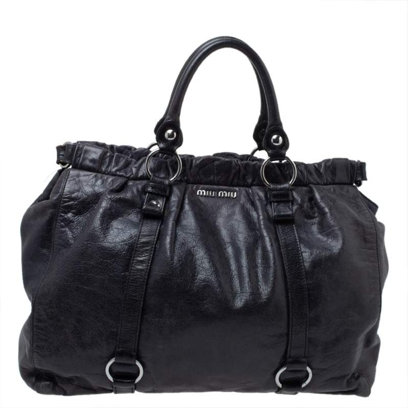 Pre Owned حقيبة يد ميو ميو مجمعة جلد فيتيلو أسود