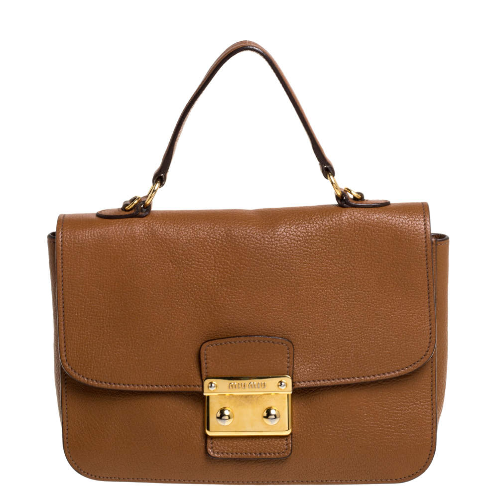 Pre Owned Miu Miu Brown Madras Leather Push Lock Flap Top Handle Bag