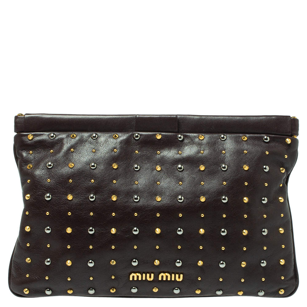 Pre Owned Miu Miu Dark Brown Leather Studded Clutch
