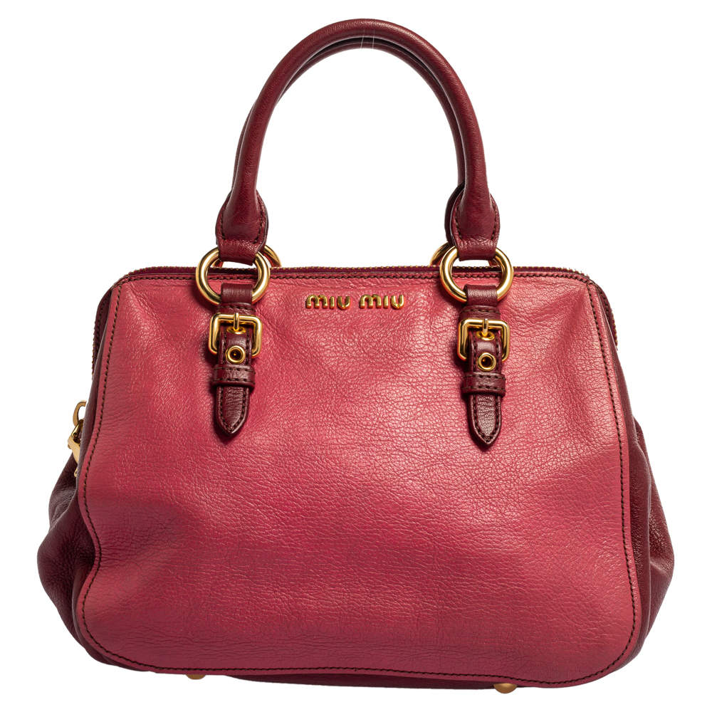 Pre Owned Miu Miu Pink/Burgundy Madras Leather Satchel