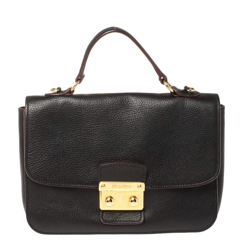 Pre Owned Miu Miu Black Madras Leather Push Lock Flap Top Handle Bag