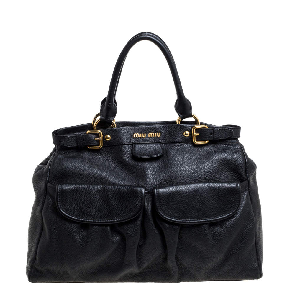 Miu Miu Black Leather Double Pocket Tote