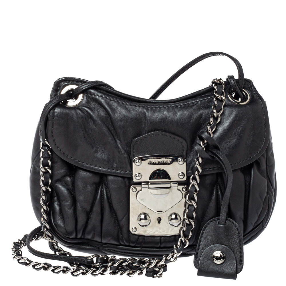 Miu Miu Black Matelassé Leather Sacca Chain Shoulder Bag