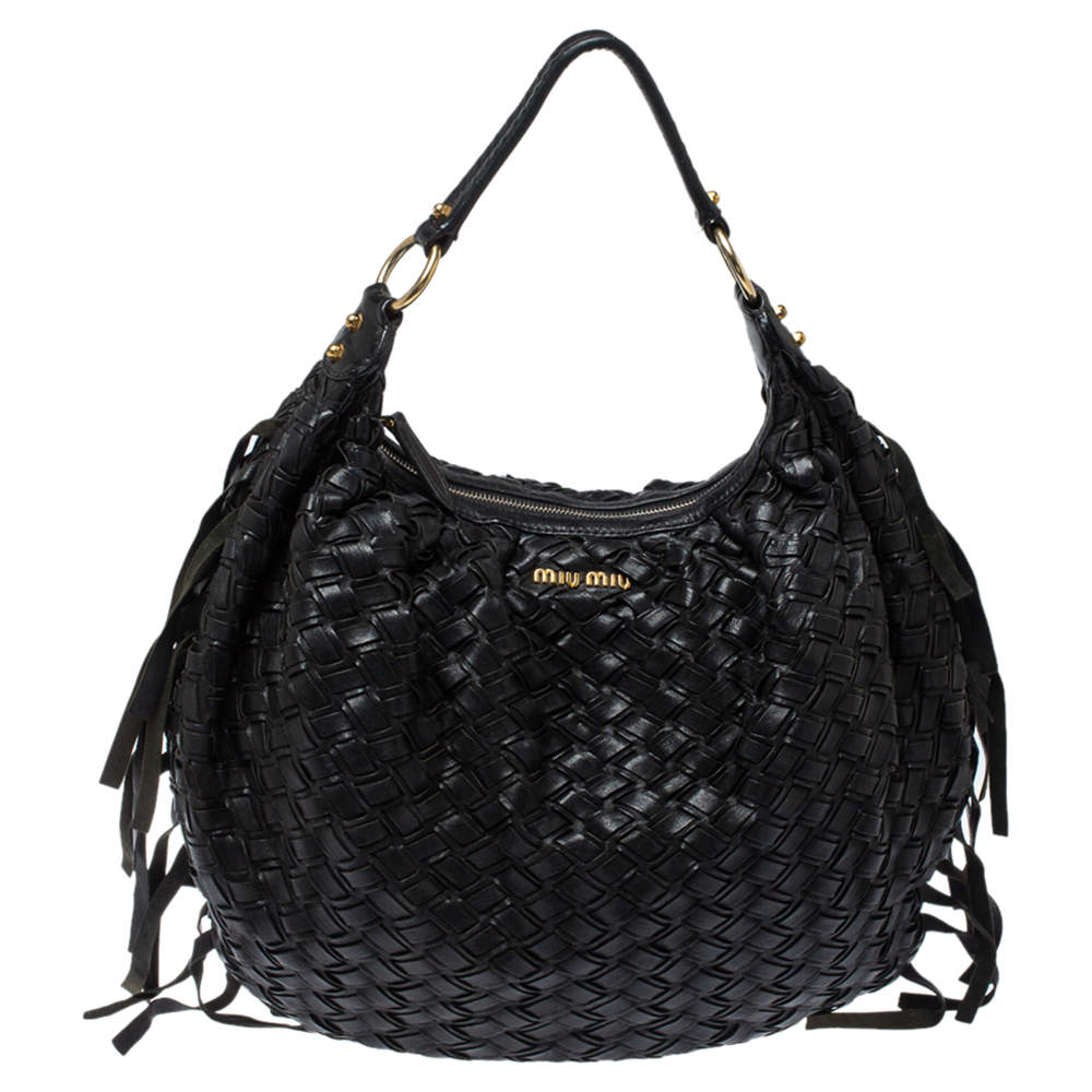Pre Owned Miu Miu Black Woven Leather Fringe Hobo