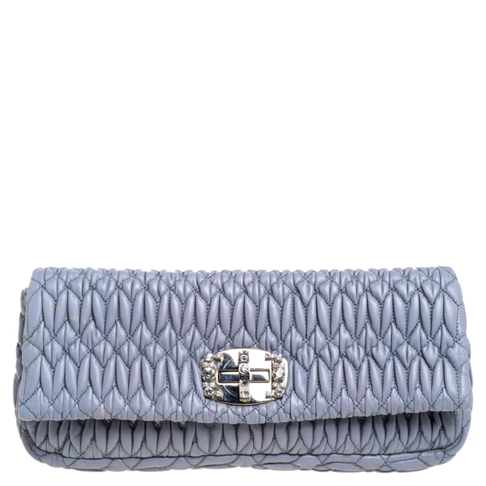 Pre Owned حقيبة كلتش ميو ميو مزخرف كريستال جلد ماتيلاس أزرق 