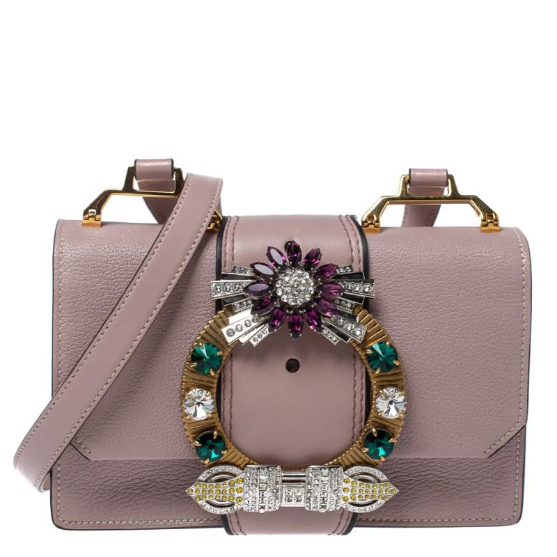 Pre Owned Miu Miu Dusty Pink Madras Leather Crystal Embellished Buckle Flap Shoulder Bag