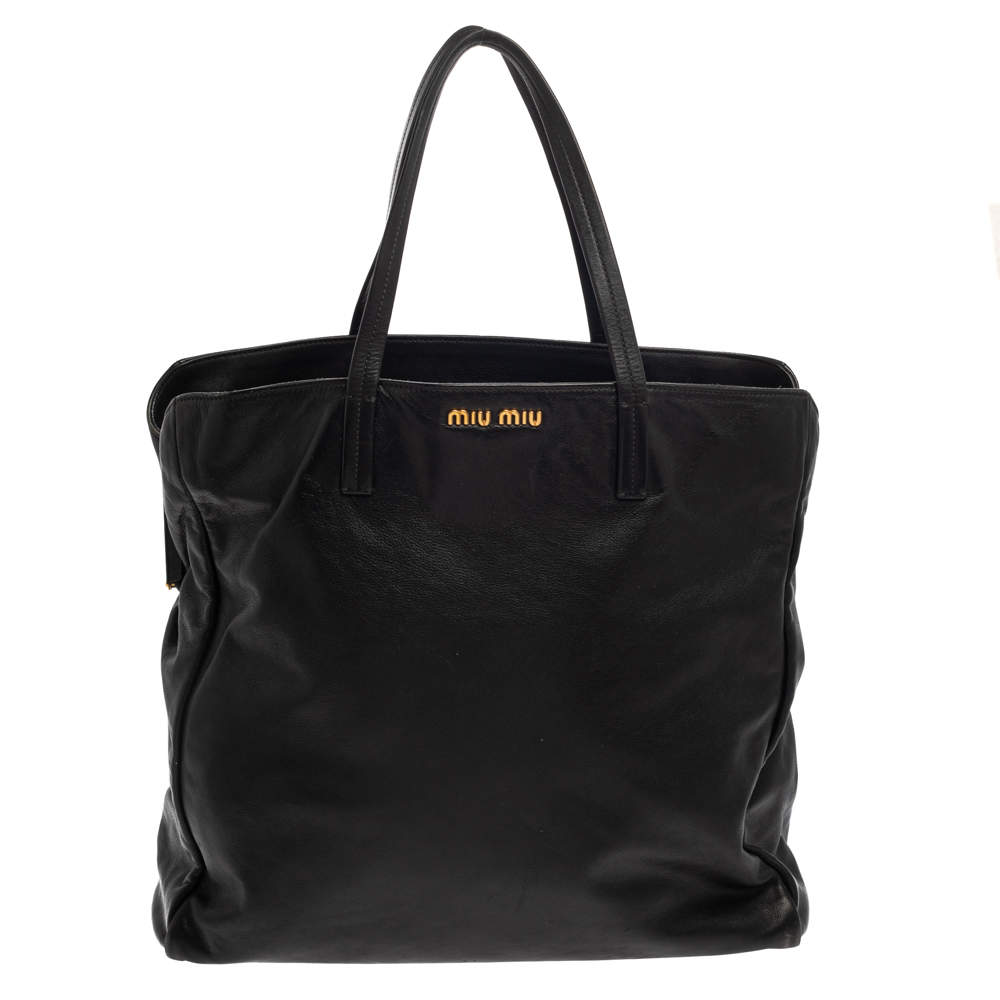 Miu Miu Black Soft Leather Kiss Lock Tote