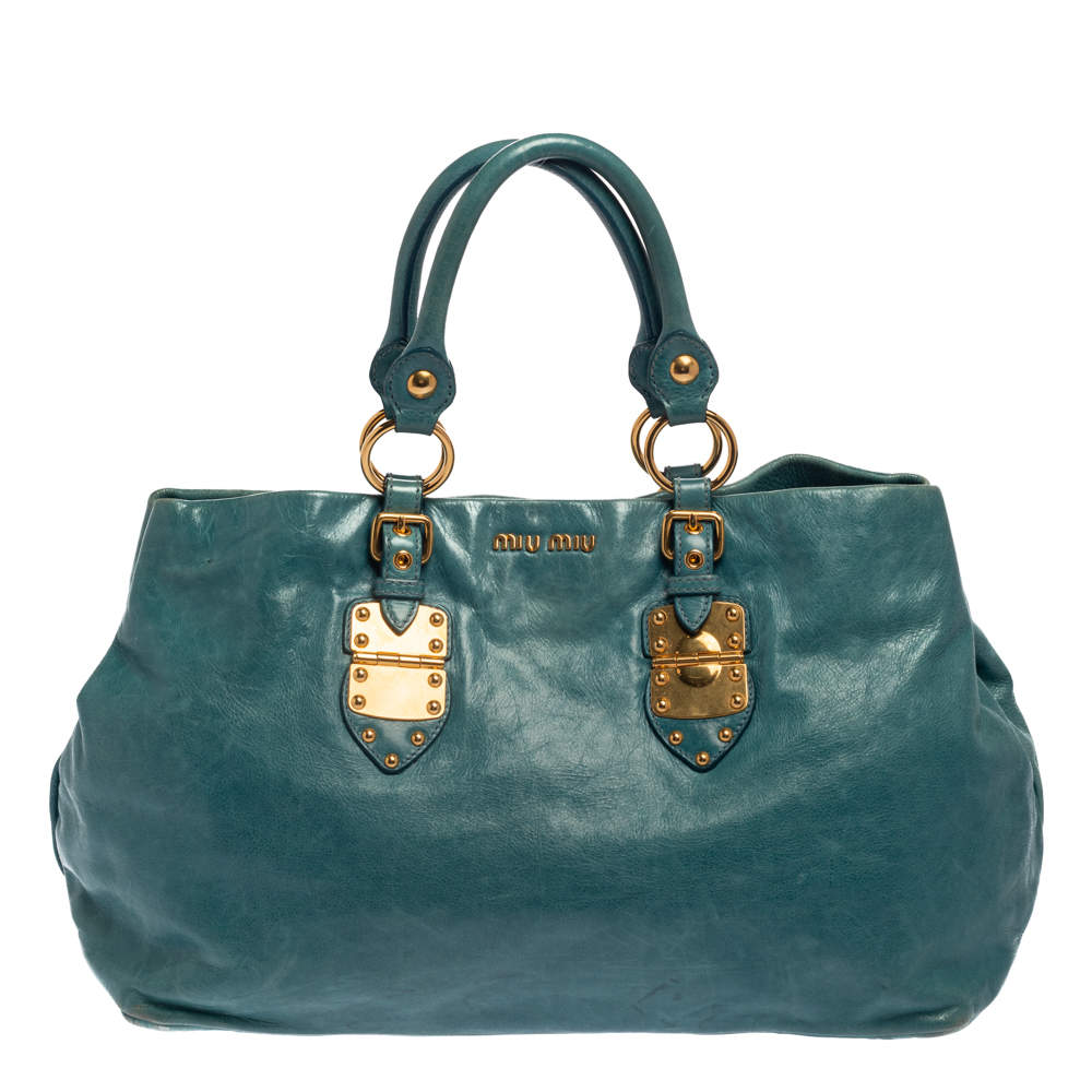 Pre Owned Miu Miu Blue Vitello Shine Leather Tote