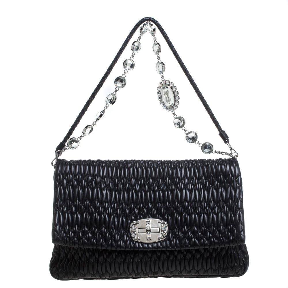 Pre Owned Miu Miu Black Matelasse Leather Crystal Shoulder Bag