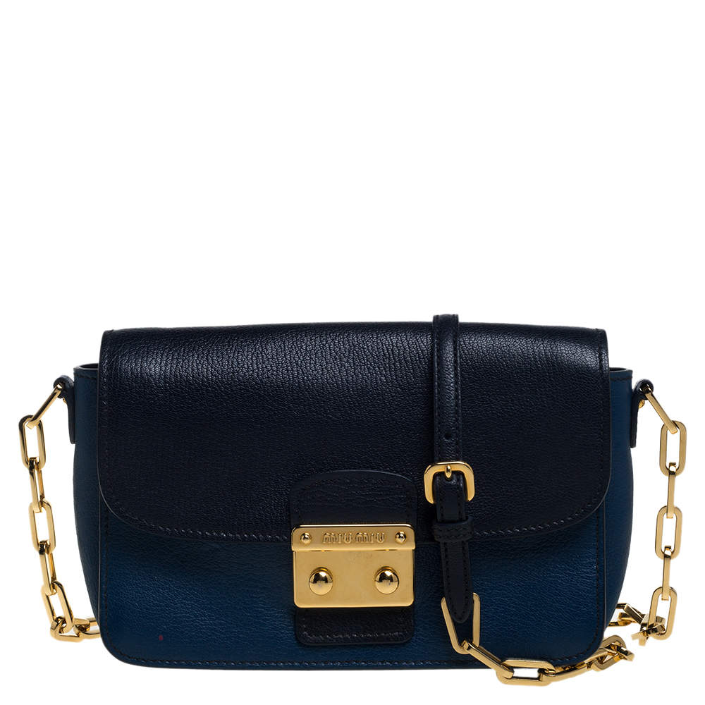 Pre Owned Miu Miu Two Tone Blue Leather Madras Crossbody Bag