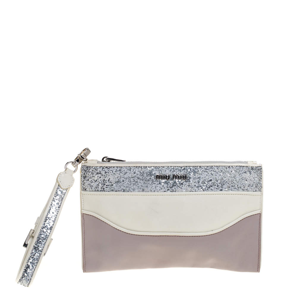 Pre Owned Miu Miu Lilac/White Glitter Leather Wristlet Pouch