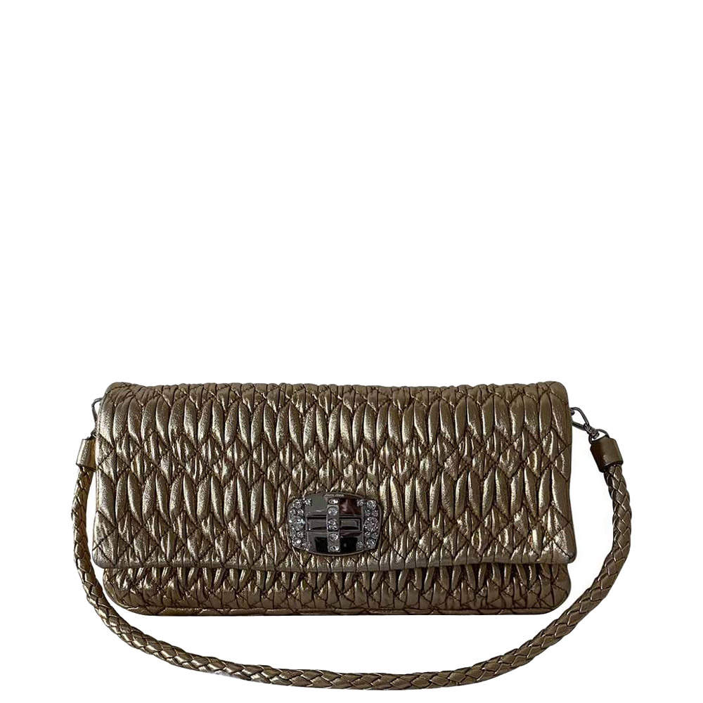 Pre Owned Miu Miu Brown Matelassé Leather Crystal-Embellished Bag