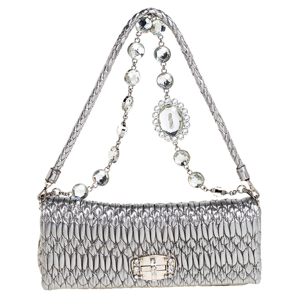 Pre Owned Miu Miu Metallic Silver Matelasse Leather Crystal Shoulder Bag